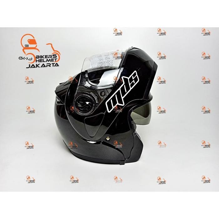 MDS HELM PRO RIDER SOLID BLACK METALIK DOUBLE VISOR FULL FACE MODULAR