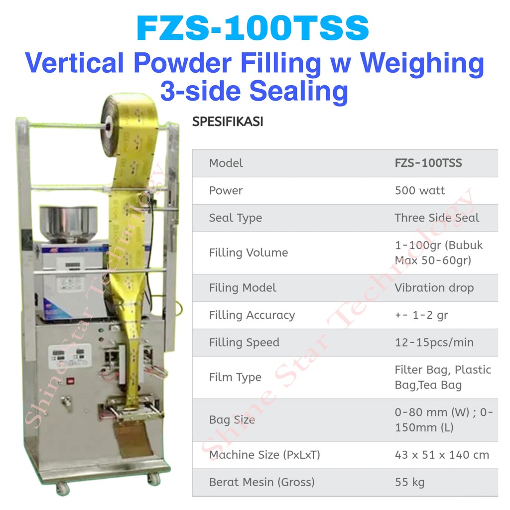 WIRAPAX Granule Semi Powder Sachet Machine FZS-100TSS (3-side) & FZS-100BS (back side) Mesin Sachet 
