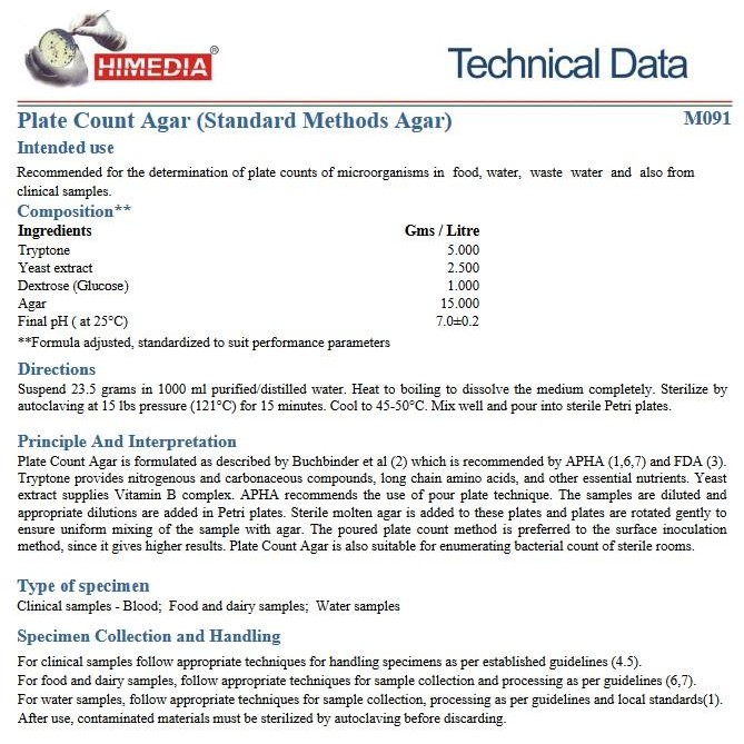 

PLATE COUNT AGAR (STANDARD METHODS AGAR) 100G