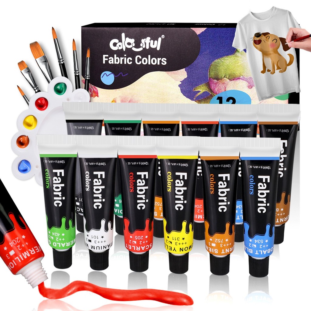 

Colorful Fabric Paint Set For Clothes With 6 Brushes, 1 Palette, 12 Colors Permanent Textile Puffy