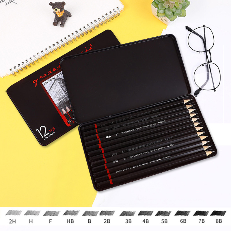 

12 Pcs/Set Pencil 2H-8B Wooden Lead Professional Sketching Pencils Metal Box Stationery For School