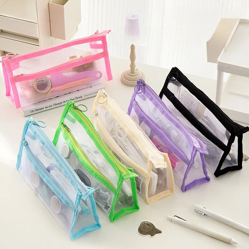 

1Pc Mesh Pencil Case Clear Stationery Bag Simple Portable Pen Bag For School Student Office