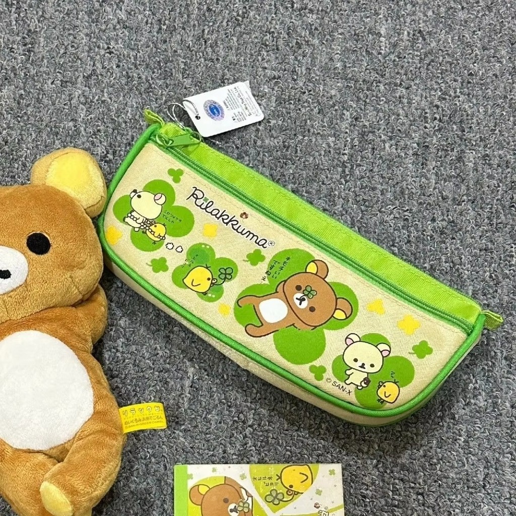 

Kawaii Rilakkuma Clover Canvas Print Pencil Case High Capacity Cosmetic Storage Bag Cartoon Anime