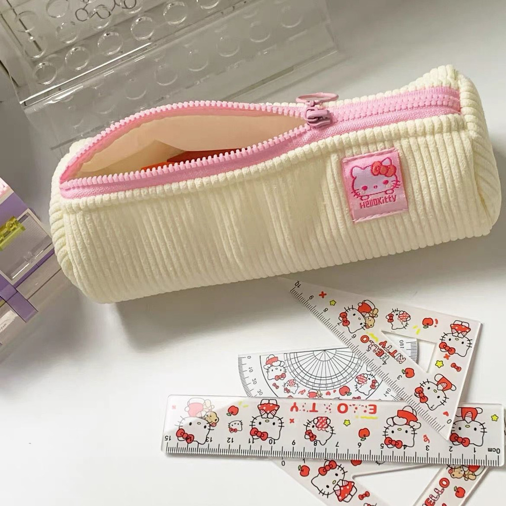 

Kawaii Cartoon Yellow Striped Hellokitty Large Capacity Pencil Bag Student Stationery Cute Girls