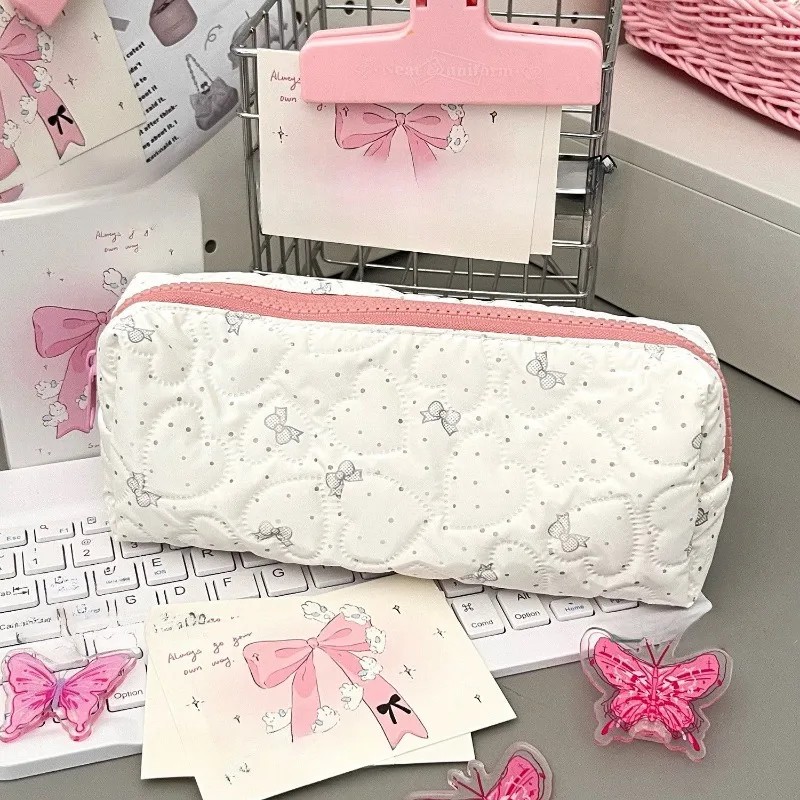 

1 Piece Simplicity Koean Bow Pencil Case For Student Sweet Bow Dot Style Stationery Bag Large