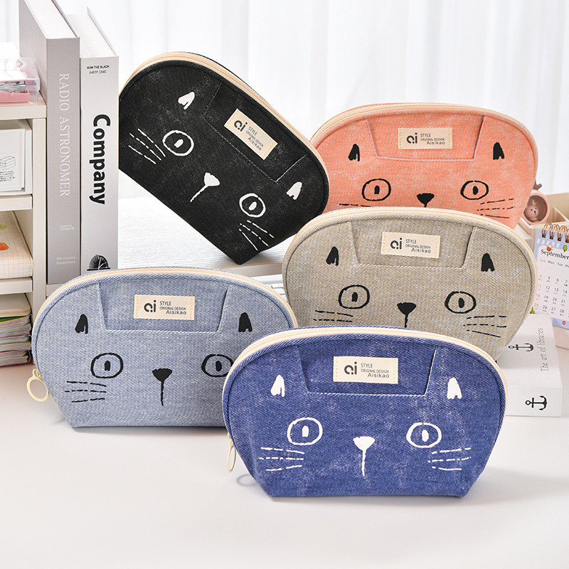 

Cartoon Cat Cute Pencil Bag Denim Stationery Bag Student Large Capacity School Supplies Storage Bag