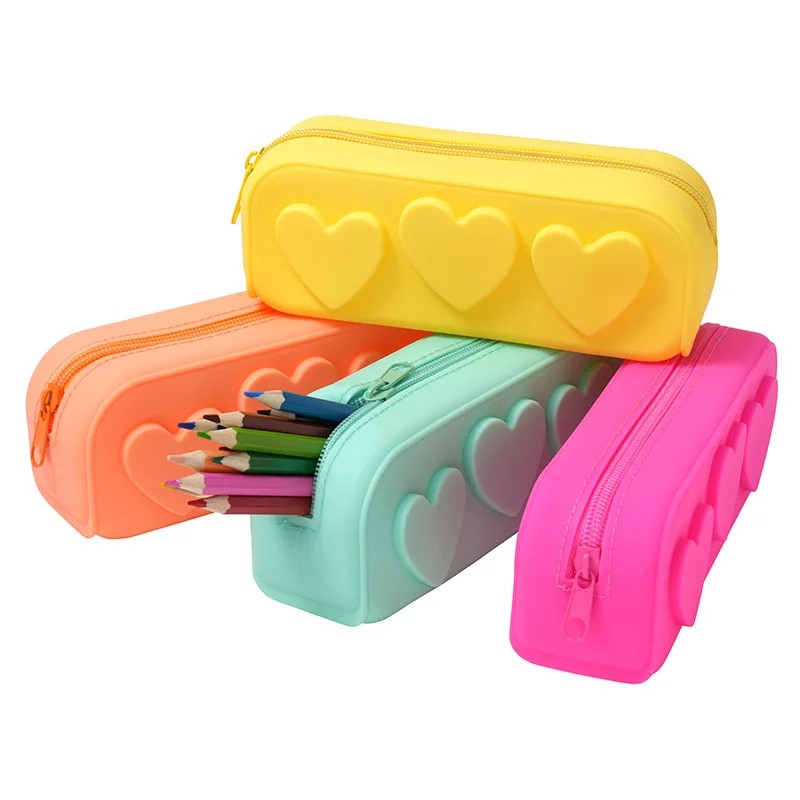 

Love Stationery Bag Silicone Pencil Case Convenient Storage Bag Heart Shaped Macaroon Washable