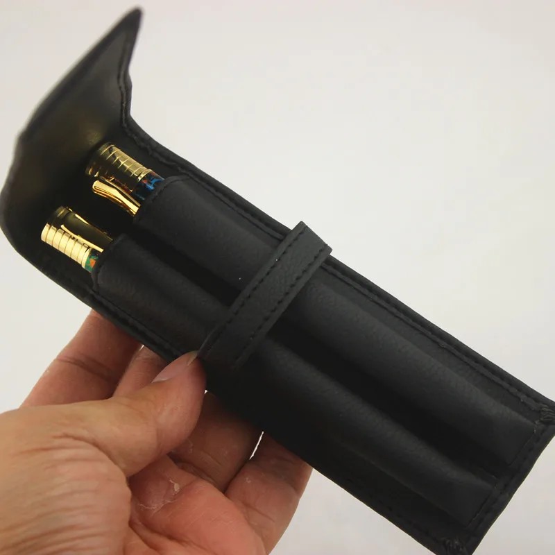 

Luxury Black Leather Pen Bag Holder Pencil Case Office School Supplies Double Pouch For Fountain