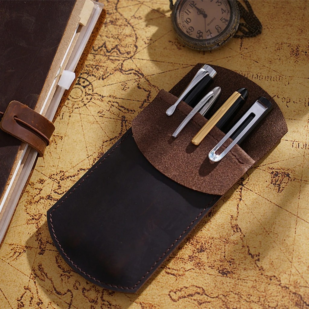 

Genuine Leather Pen Holder Case, Vintage Stationery Storage Pouch For Fountain, Rollerball, Pens And