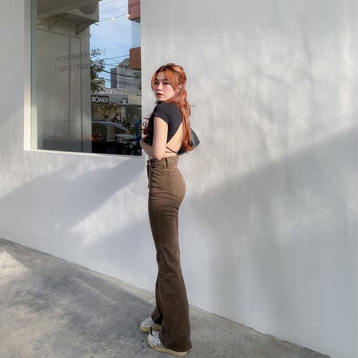 Blumjean- Kezia Cutrbray Pants Coklat Tua- Celana Cutbray Highwaist Jeans Denim Stretch Panjang