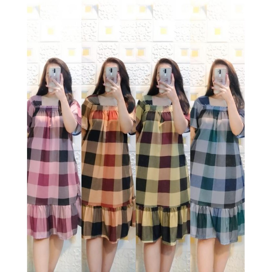Clavie- Daster Dress Fuji Karet Remple Motif Kotak Fashion Wanita