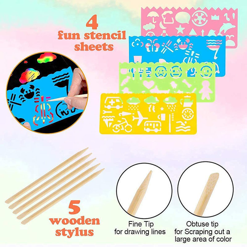 

16/60Pcs Scratch Paper Kids Rainbow Magic Scratch Off Paper Sheets Art Craft Kit Black Note Paper