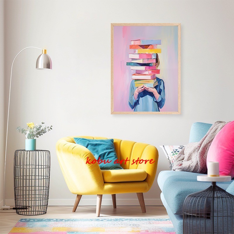 

Pastel Watercolor Holding Books Reading Poster Canvas Printing Stack Books Wall Art Picture For