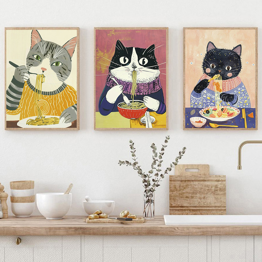 

Black And White Cat Eating Pizza Folk Print Retro Abstract Poster Cartoon Dining Pasta Kitchen
