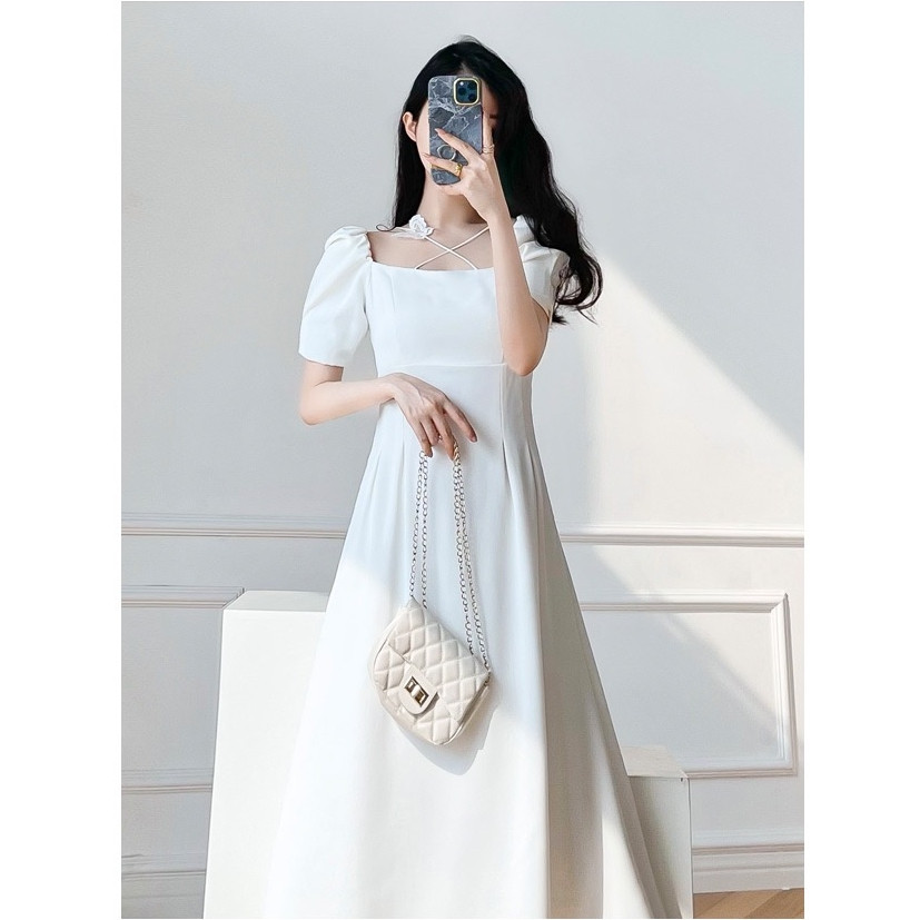 hot sale putih dress party elegan vintage midi lengan pendek wanita kekinian dress raya 2025 cantik