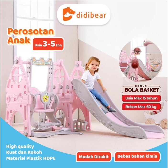 Didibear 3in1 perosotan anak premium dilengkapi ayunan dan ring basket seluncuran anak merk HONGZHUO