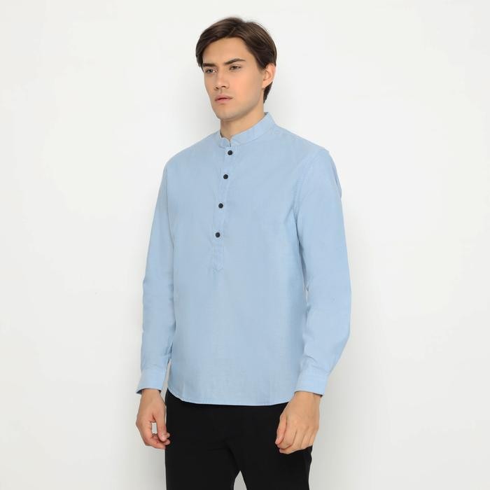 [NAFAZOL] Koko Pria Lengan Panjang Koko Tunik Pria Dewasa Katun Soft Blue Polos 3200