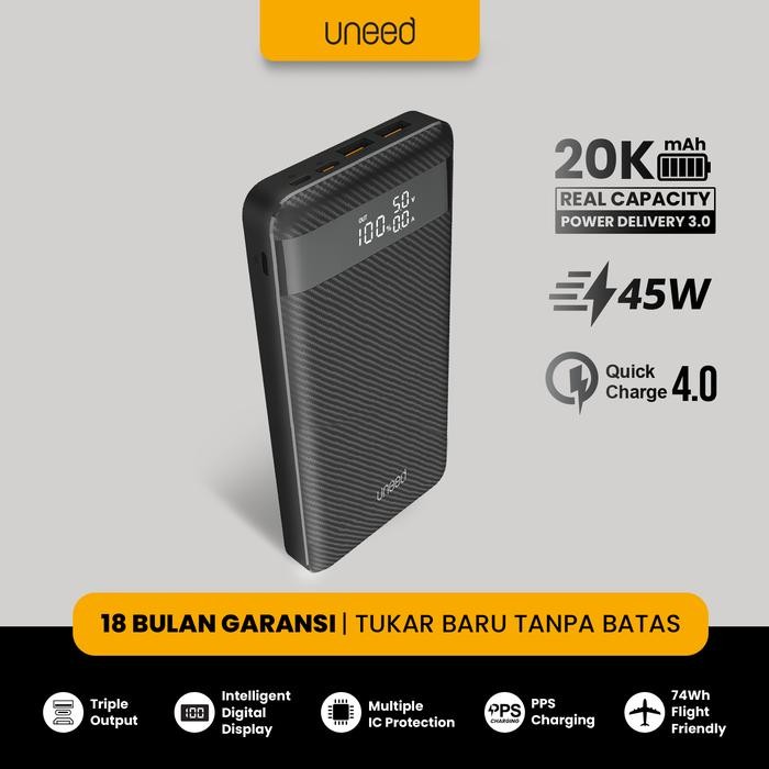 UNEED 20000mAh Powerbank Support Laptop 45W QC 4.0 PD 3.0 PPS - UPB152 Baterai Led
