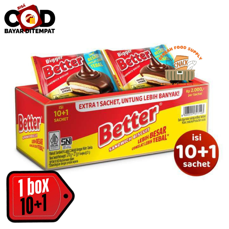 

( BERKAH ) Biskuit Better Bigger Sandwich Biscuit 27gr isi 10 pack Biskuit Mayora pack Snack Cream