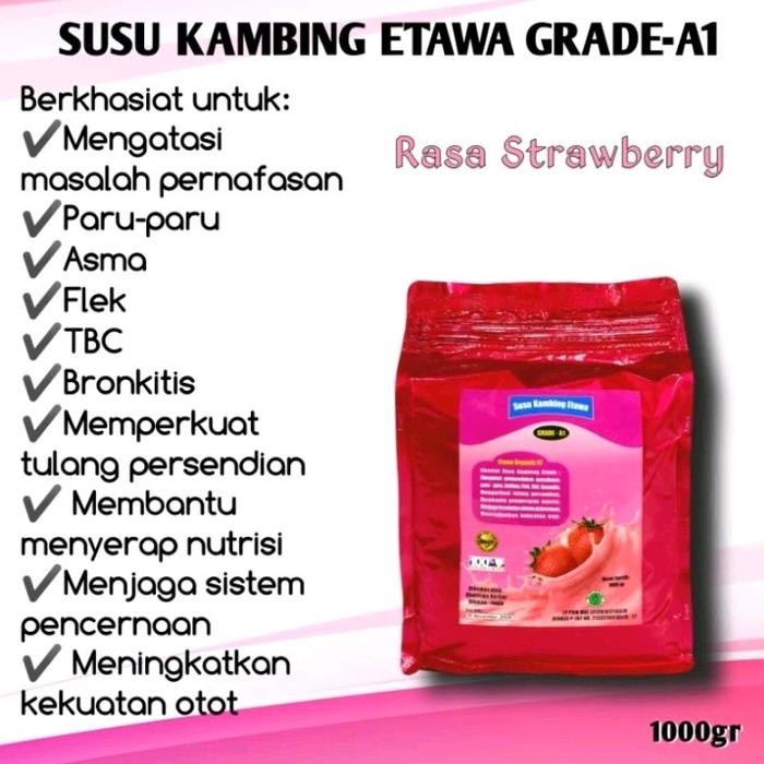 

BARANG TERLARIS SUSU KAMBING ETAWA GRADE.A RASA STROBERI 1KG(1000GR)