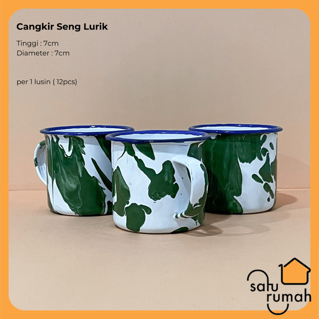 1LUSIN ATAU 6PCS CANGKIR SENG LURIK 7CM / CANGKIR JADUL / GELAS ENAMEL GAGANG MUG RUNG / SET GELAS