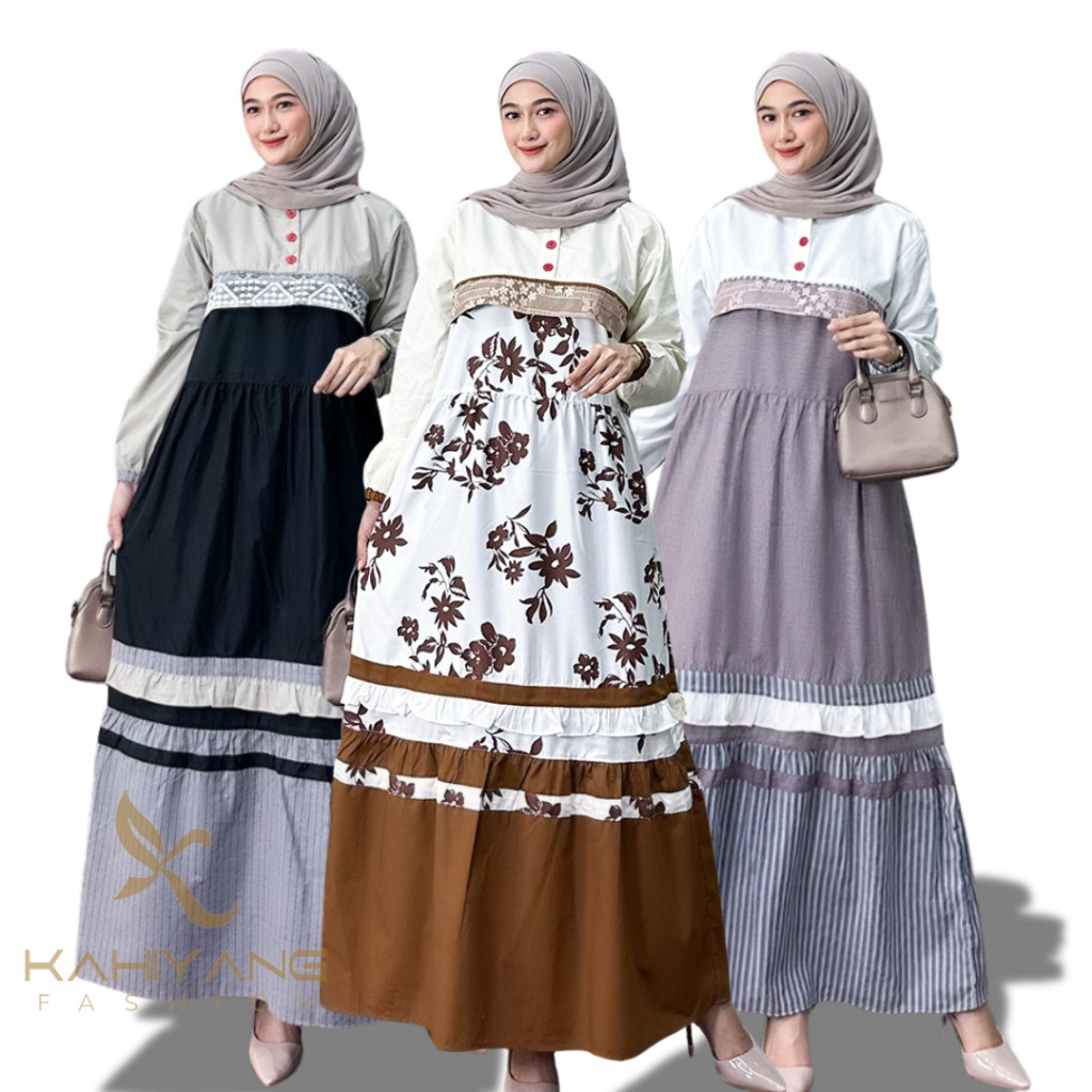 Gamis Katun Kombinasi Terbaru Dress Gamis Susun Kombinasi Brukat Kancing