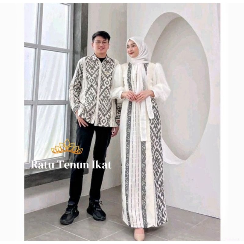RAYA SET COUPLE MOTIF KALIMANTAN PUTIH baju tenun couple pria wanita -baju lebaran couple -couple