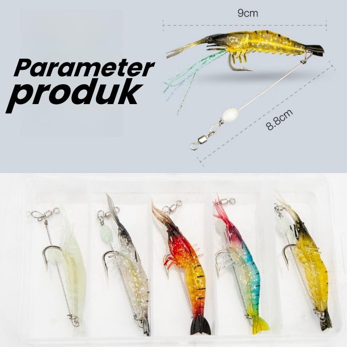 Shrimper Udang Umpan Pancing 1 Set Box (5Pcsx4.7Cm 5G) Fishing Pro Umpan Udang Bercahaya Karet Soft
