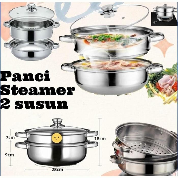 Panci Steamer 2 Susun / Panci Kukus Stainless / Panci Kukus Tutup Kaca