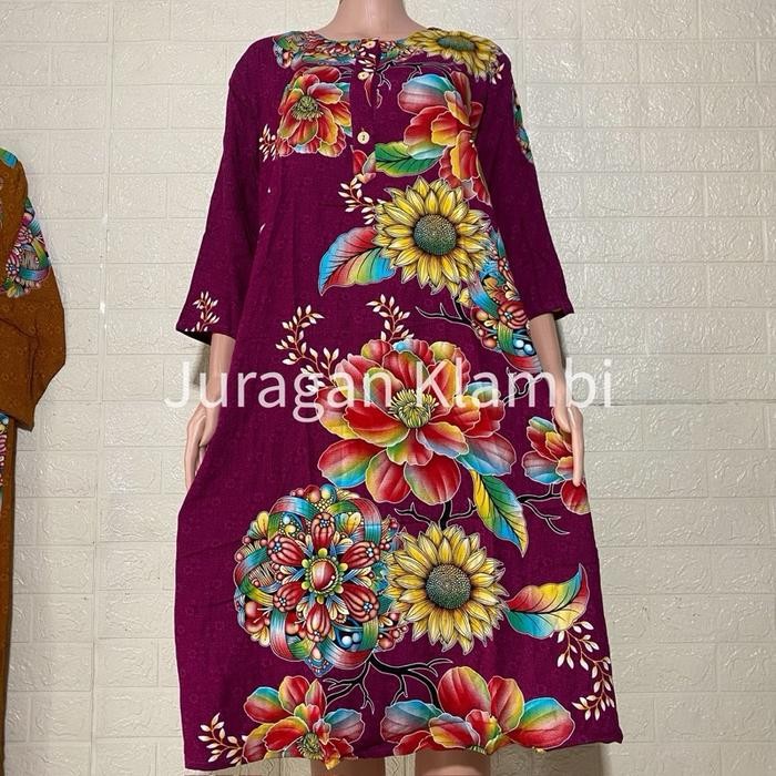 Ready Daster 19 Lengan 3/4 Ld 120 Kencana Ungu Asli Label Biru Daster Bumil Bunga Batik Dress Wanita