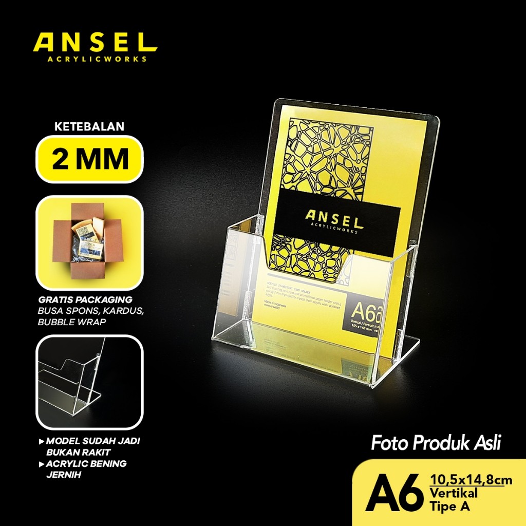 

ANSEL Tempat Brosur Akrilik / Acrylic Flyer Holder A6 Vertikal - Tipe A Bening