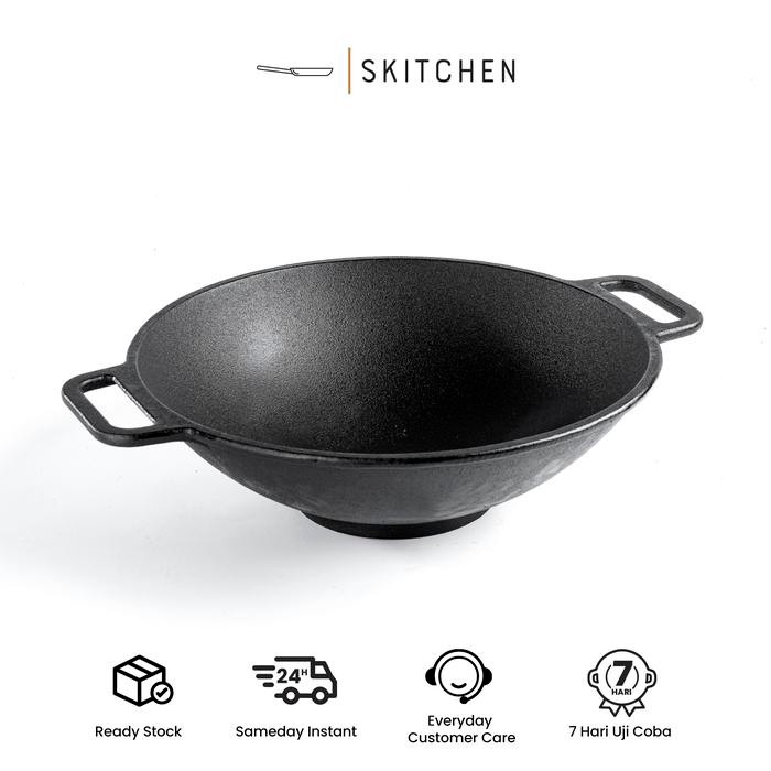 Skitchen Cast Iron Waingapu Wok - Wajan Kuali Penggorengan Besar Besi Cor, Premium Anti Gores Tahan