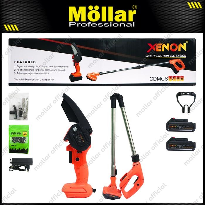 PREMIUM XENON CDMCS1846 Cordless Mini Chainsaw 4" Baterai 18V Sambungan Extension Gergaji Mesin