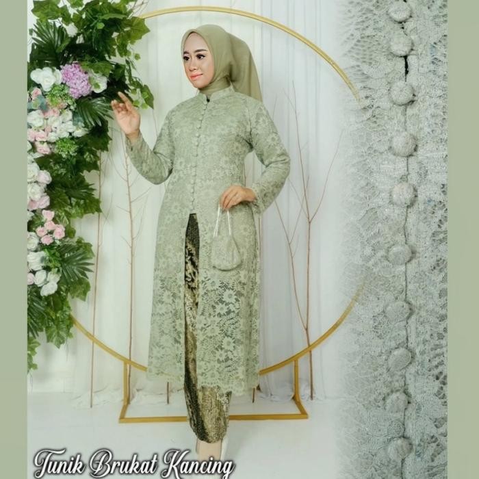Setelan Kebaya Modern Dan Mewah Terbaru 2025 Brokat Kondangan Tunik Panjang Hijab Kancing Bisa