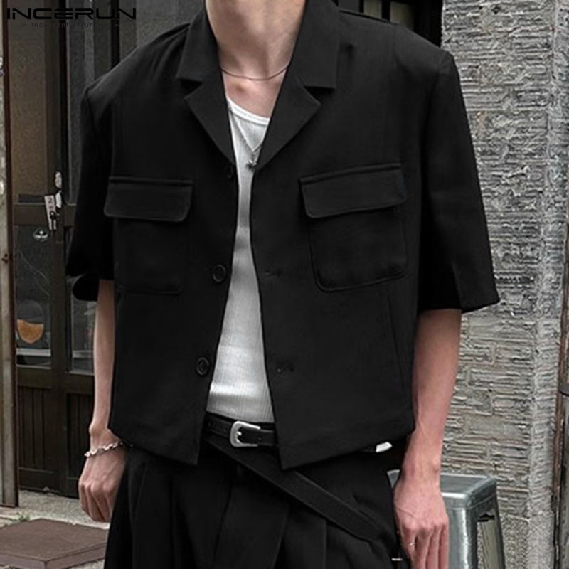 Incerun Men Blazer Solid Color Lapel Short Sleeve Button Pockets Casual Suits Men Streetwear 2024