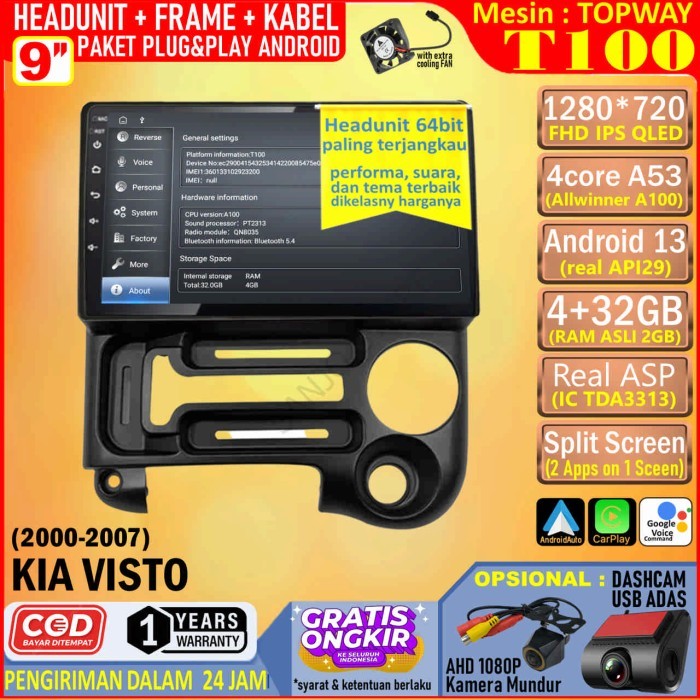 PREMIUM Paket Headunit Android 9 inch + Frame + Soket PNP Kia Visto 2000-2007 Topway T100 RAM