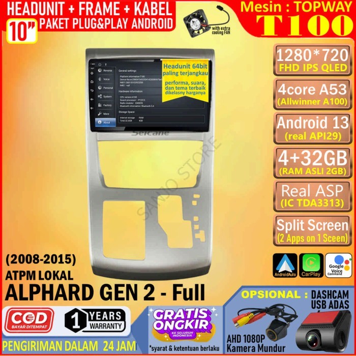 PREMIUM Paket Headunit Android 10 inch + Frame + Soket PNP Toyota Alphard Gen 2 -Full Topway T100