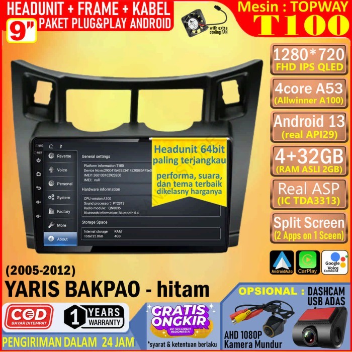 PREMIUM Paket Headunit Android 9 inch + Frame + Soket PNP Toyota Yaris Bakpao - Hitam Topway T100