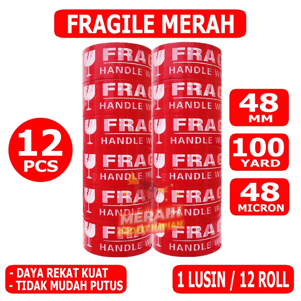 

Meriyah Storee - 1 Lusin / 12 Pcs - Lakban Fragile Merah 100 Ya- Lakban Fragile MPI 48 mm x 100 yard