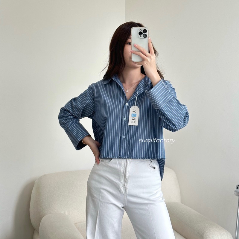 Pola Mewah Sivali Ziggy Top Stripe Shirt - Kemeja Salur Garis Oversized Crop Shirt Atasan Wanita