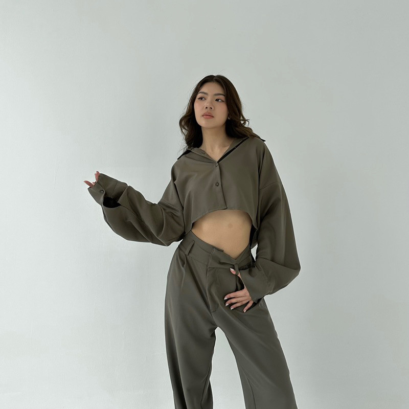 Pola Mewah Dion Top - Kemeja Crop Wanita Oversized Shirt Korean Long Sleeve Blouse Wanita Crop Top