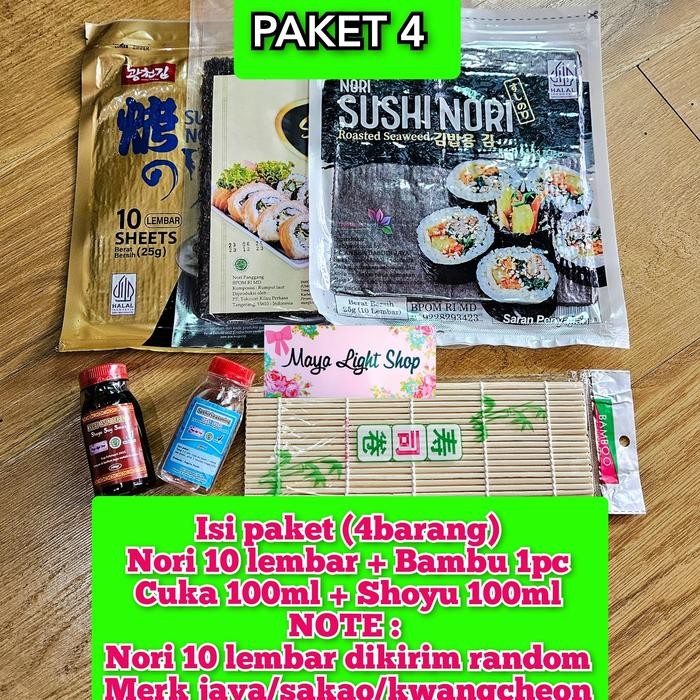 

Paket Bahan Sushi tipe 4 nori cuka shoyu bambu vinegar tikar penggulun New