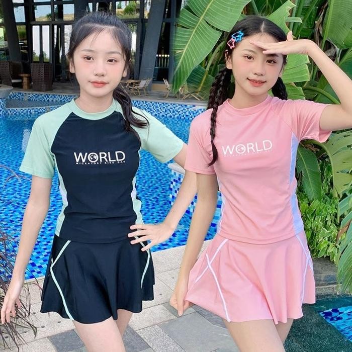 Precious One - Baju renang / swimsuit anak remaja perempuan / bikini renang rok lengan pendek bahan