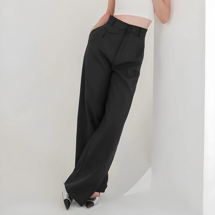 Celana Panjang Wanita Highwaist Hitam Oro Pants Knit - Kulot Loose Straight Slit Casual Basic Slim