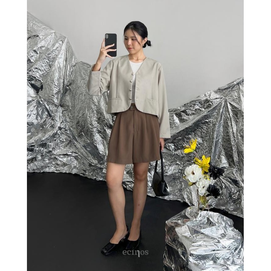 (Allthebest) ECINOS - Spring Top - Atasan Wanita (Cropped and Relaxed Fit V-Neck Top)