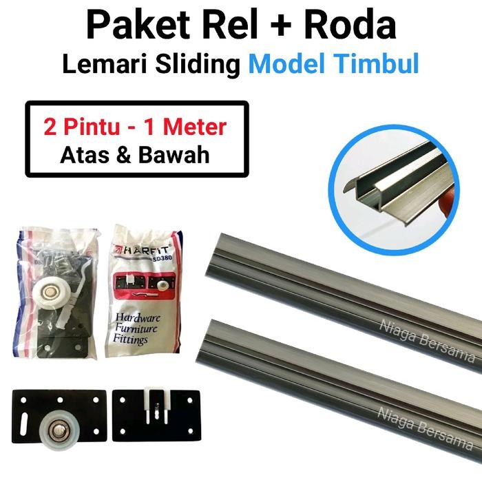 PREMIUM Rel Sliding Lemari 2 Pintu 1 Meter Model Timbul Plus Roda Geser SD 380 Harfit