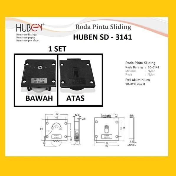 PREMIUM Roda Pintu Sliding Huben SD 3141 Rel Alumunium Lemari Laci Geser