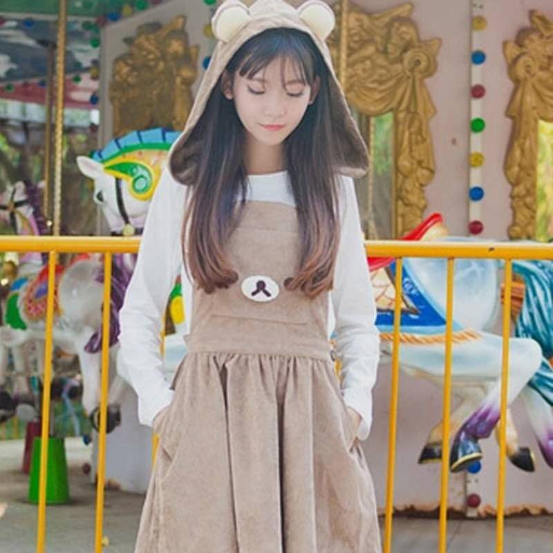 Japanese Kawaii Rilakkuma Lolita Overall Dress Cute Bear Embroidery Hat Ball Gown Harajuku Lolita