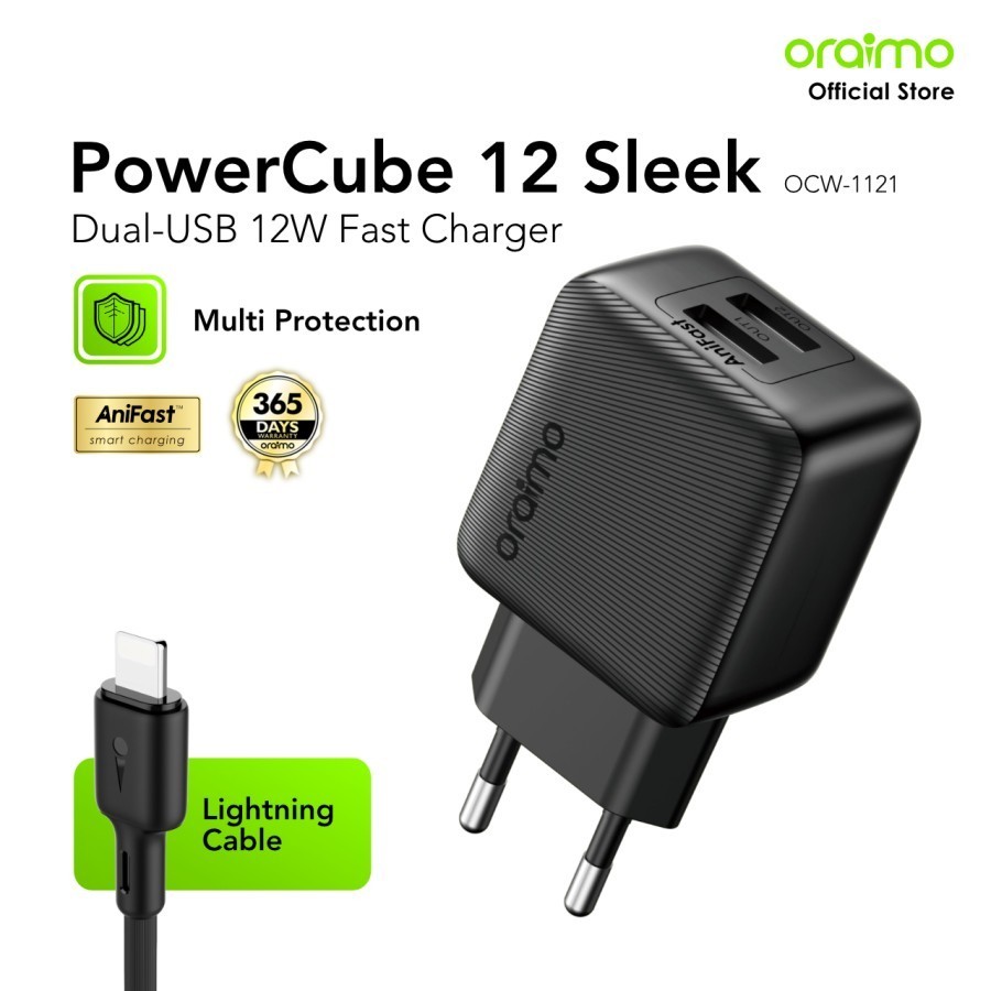 Oraimo Charger Compact 12W PowerCube 12 Sleek OCW-1121E+M53 Single Port 5V 2.4A Type-C Micro USB