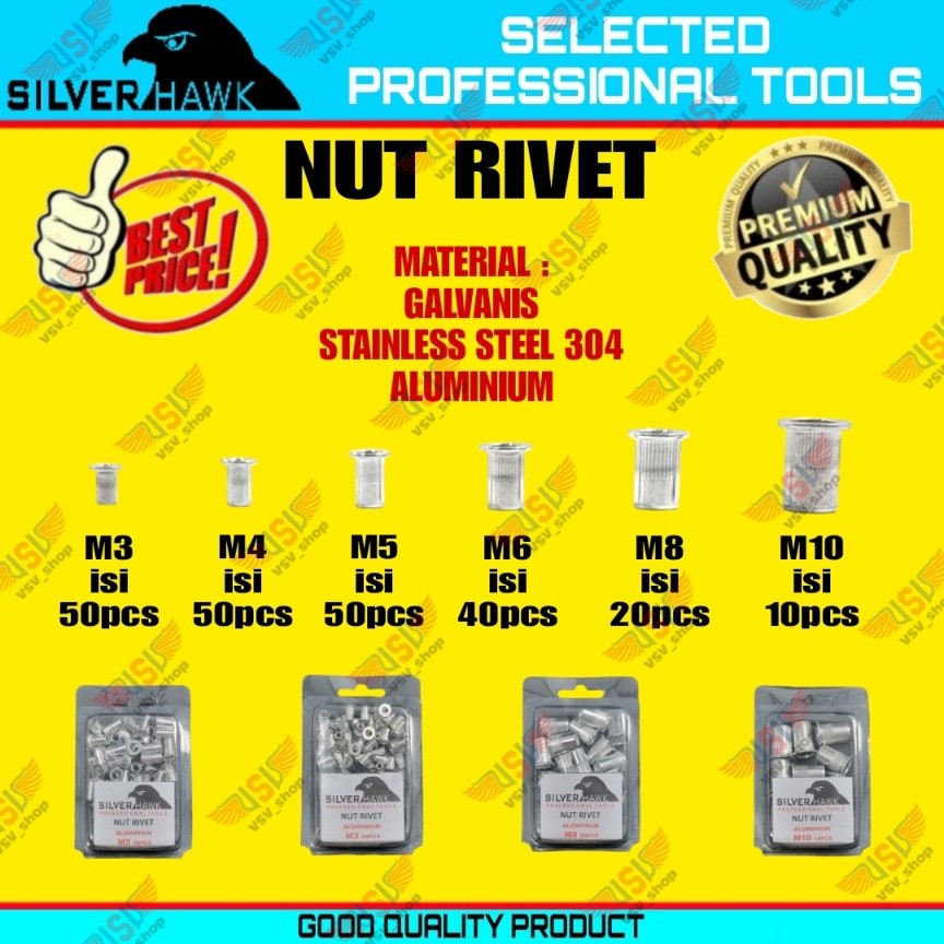 Rivet Nut M5 GALVANIS/STAINLESS STEEL/ALUMINIUM Mur Rivet Tanam Rifnut Nutsert